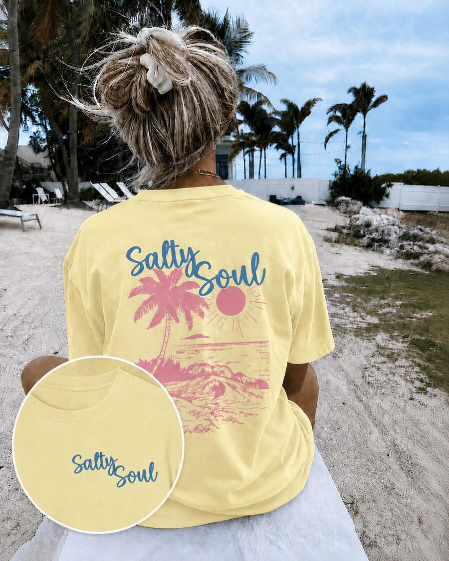 Women's Yellow Salty Soul Palm Tree Graphic T-Shirt, Oversized Short Sleeve Tee, Vacation Outfits Women, Back To School Clothes, Fall Casual Top - 黃色 - 查看 1