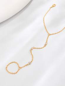 1pc Luxury Gold Rhinestone Bracelet Ring Integrated Design, Delicate Chain Drapes Naturally Along The Back Of The Hand, Suitable For Beach Vacation, Wedding Banquet, Birthday Party And Summer Exposed Skin Outfit Exquisite Hand Jewelry - Gold - View 3