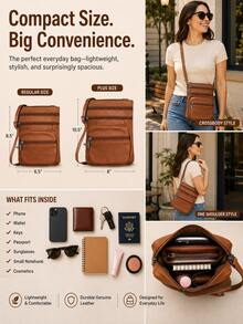 Women's Genuine Leather Crossbody Bag, Adjustable Shoulder Purse, Lightweight Travel Handbag For Work, Shopping & Daily Use - 棕色 - 查看 5