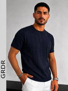 GRDR Men's Thin Summer Knit Solid Color Ribbed Short Sleeve, Sports Casual, Suitable For Outdoor Sports - Navy Blue - View 4