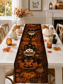 1pc-Halloween Table Runner, Haunted House Ghost Black Cat Pumpkin Linen Look Runner, Fall Leaves Table Decor For Dining Room Kitchen Halloween Decorations - Multicolor - View 8