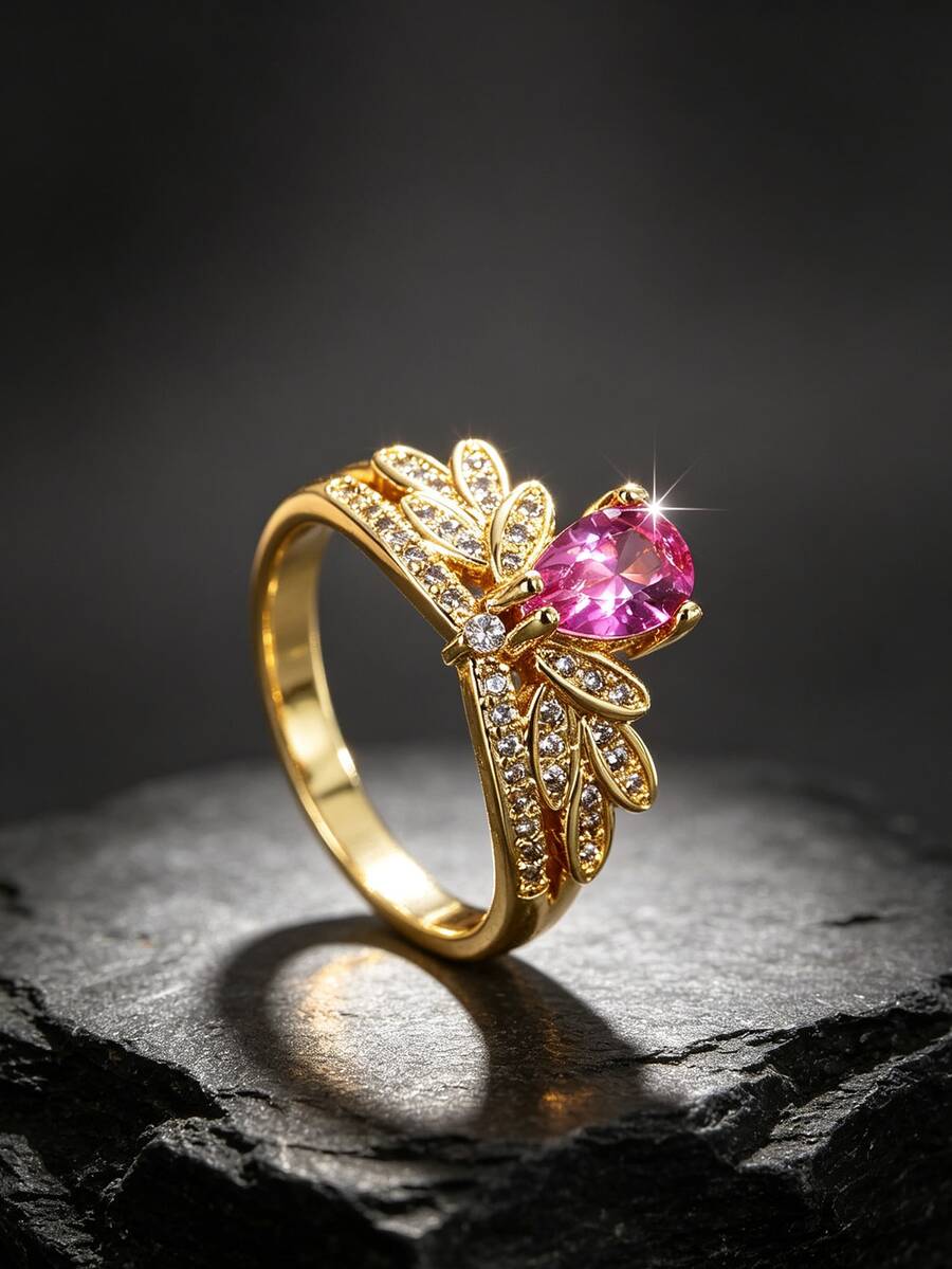 Copper Plated 18K Gold Water Drop Pink Cubic Zirconia Butterfly Ring For Women, Pear-Shaped Pink Gemstone Full Diamond Butterfly Inlaid White Diamond Ring, French Vintage Luxury Jewelry, Suitable For Dating, Evening Party, Wedding, Valentine's Day Gift For Girlfriend, Fade-Resistant Atmospheric Gemstone Jewelry - Gold - View 1