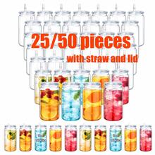 25/50pcs, 16oz Single-Layer Clear Plastic Cups With Straw And Lid. Portable, Durable, And Reusable Coffee Cups, Camping Mugs, Juice Bottles. Suitable For Weddings, Parties, Office, Everyday Use, Teacher's Day, Mother's Day, And Graduation Season. - 半透明/50pcs - 查看 1