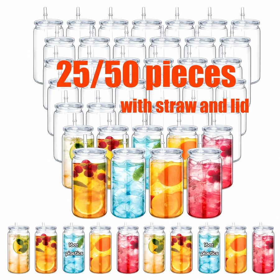25/50pcs, 16oz Single-Layer Clear Plastic Cups With Straw And Lid. Portable, Durable, And Reusable Coffee Cups, Camping Mugs, Juice Bottles. Suitable For Weddings, Parties, Office, Everyday Use, Teacher's Day, Mother's Day, And Graduation Season. - 半透明/50pcs - 查看 1
