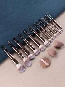 15pcs Makeup Brush Set, Including Powder Brush, Blush Brush, Highlighter Brush, Eyeshadow Brush, Mascara Brush, Eyeliner Powder, Round Powder Puff, Triangular Powder Puff, Makeup Tools - Coffee Brown - View 4