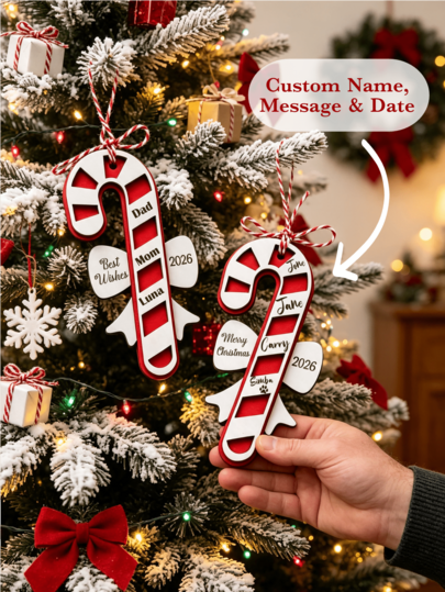 Ornement de Noël en bois personnalisé 2026 en forme de canne de bonbon, décoration suspendue pour sapin de Noël avec vœux personnalisés, pendentif souvenir de famille, cadeau de Noël pour amis et famille, décorations de sapin de Noël, cadeaux de Noël pour la famille, décorations de Noël