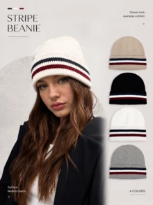 1pc Classic Striped Knit Beanie For Men And Women, Ribbed Cuff Warm Skull Cap, Stretch Fit Streetwear Hat For Fall Winter Travel And Outdoor Wear - A - View 2