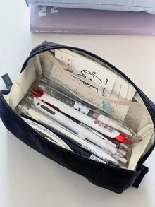 2 Styles Minimalist Solid Color Pencil Case, Large Capacity Stationery Bag With Mesh Pocket, Portable Zipper Stationery Organizer, Suitable For Students, Campus And Office Supplies - Multicolor - View 6