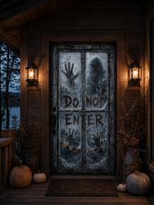 1pc Halloween Horror Door Banner, DO NOT ENTER, LET ME OUT And KEEP OUT Warning Text, Ghost Silhouette, Ghost Hand, Iron Fence And Old Window Print, Multiple Styles Available, Suitable For Front Door, Porch, Haunted House, Party And Indoor/Outdoor Holiday Decoration - Door Knocker - View 9