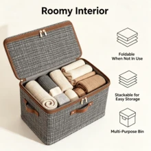 Abric Storage Box With Lid, Foldable Clothes Storage Organizer Bin With Leather Handle & Zipper, Large Capacity Closet Storage Container For Bedding Garments - Brown - View 12
