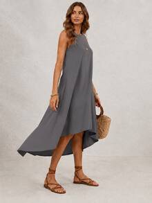 Women's Asymmetrical Dress, Sleeveless High Low Hem Beach Dress, Breathable Summer Midi Dress For Vacation Outfits Women And Resort Wear - 灰色 - 查看 4