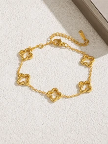1pc/3pcs Minimalist Stainless Steel Clover Hollow Flower Decorative Bracelet, Suitable For Women Daily Wear, Party & Gift Giving, Ladies Bangle Stackable Jewelry Accessory, Vintage Jewelry - Yellow Gold - View 4