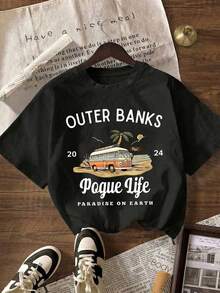 Vintage Short-Sleeve Crew Neck T-Shirt, Outer Bank Graphic Print, Minimalist Design For Everyday Wear, Black, Summer Tops. - 黑色 - 查看 1