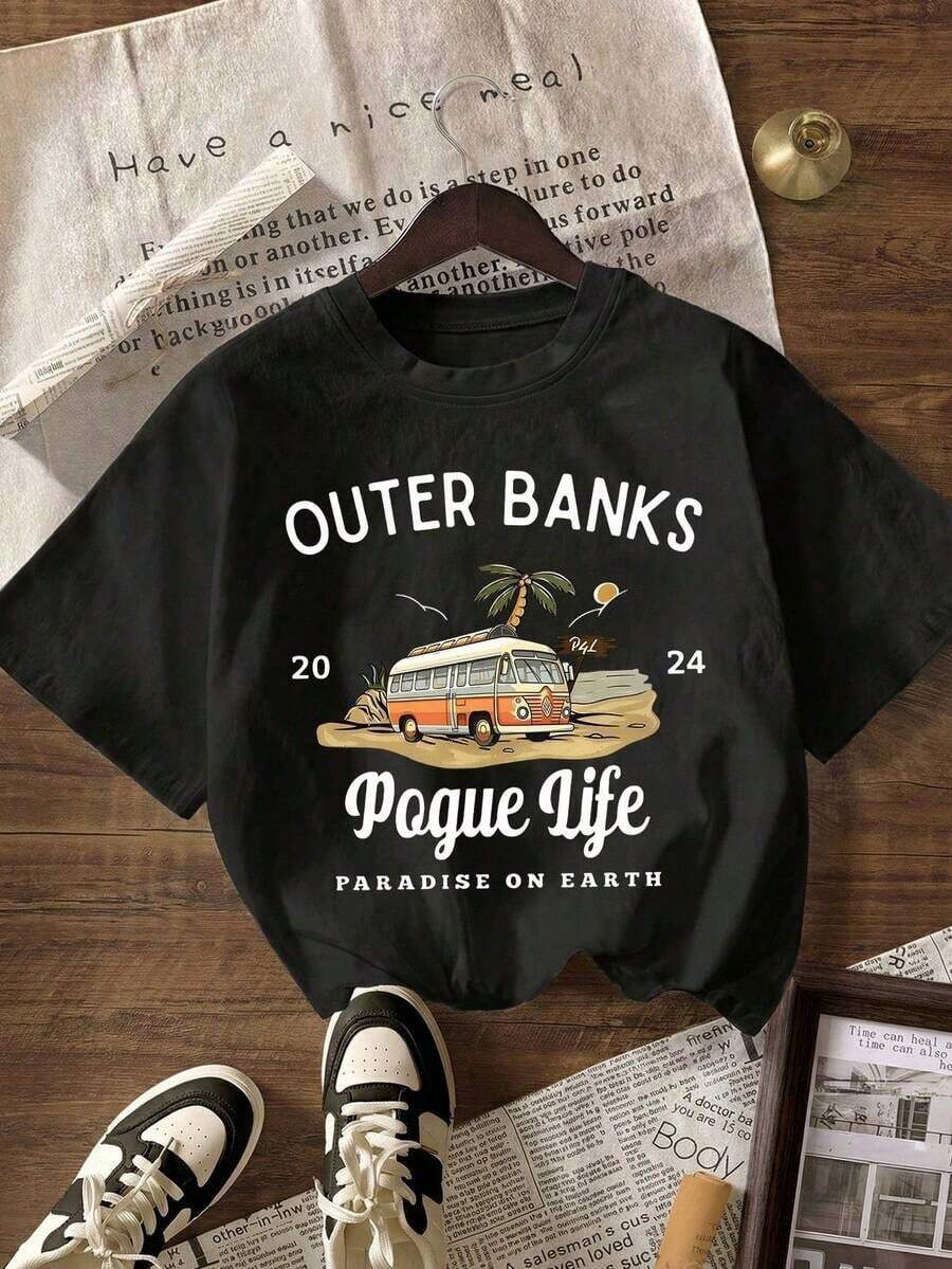 Vintage Short-Sleeve Crew Neck T-Shirt, Outer Bank Graphic Print, Minimalist Design For Everyday Wear, Black, Summer Tops. - 黑色 - 查看 1