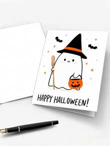 1pc Cute Watercolor Ghost, Pumpkin, Bat Greeting Card With Envelope, Autumn Floral Crown Little Ghost Postcard, Festive Halloween Invitation & Blessing Card For Friends And Children - A - View 3