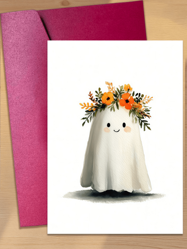 1pc Cute Watercolor Ghost Greeting Card With Envelope, Autumn Floral Crown Little Ghost Postcard, Festive Halloween Invitation & Blessing Card For Friends And Kids