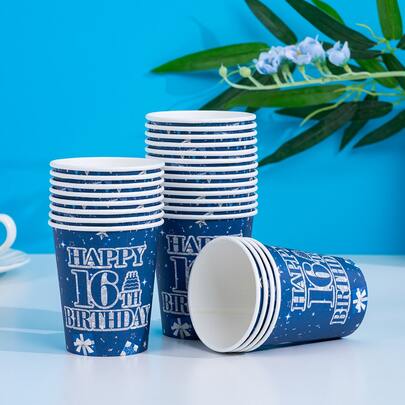 25/10pcs Blue 16th Birthday Happy Theme Decorative Party Paper Cups, Disposable Party Paper Cups, Cute Cartoon, Paper Material, Suitable For 16th Birthday Party Decoration Supplies, Birthday Party Theme Decoration, Theme Birthday Party, Holiday Party Decoration, Birthday Party, Family Gathering, Birthday Celebration Scene Decoration, Bachelor Party, Gift Party, Baby Shower, Bath, Party Celebration