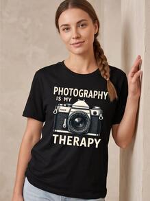 Women's Round Neck Short Sleeve Casual Tee, Relax Photo Print, Machine Washable Versatile Top For All Seasons Including Autumn Outfits - 黑色 - 查看 4