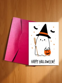 1pc Cute Watercolor Ghost, Pumpkin, Bat Greeting Card With Envelope, Autumn Floral Crown Little Ghost Postcard, Festive Halloween Invitation & Blessing Card For Friends And Children - A - View 13