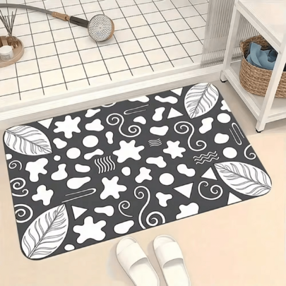 Minimalist Black White Leaf Diatom Mud Mat Washable Anti Slip Rug Entryway Bathroom Kitchen Home