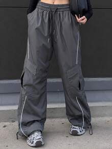 Street Style Multi-Pocket Striped Decor Wide Leg Cargo Pants With Drawstring Elastic Waist Casual Long Pants - Dark Grey - View 3