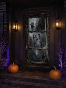 1pc Halloween Horror Door Banner, DO NOT ENTER, LET ME OUT And KEEP OUT Warning Text, Ghost Silhouette, Ghost Hand, Iron Fence And Old Window Print, Multiple Styles Available, Suitable For Front Door, Porch, Haunted House, Party And Indoor/Outdoor Holiday Decoration - Door Knocker - View 7