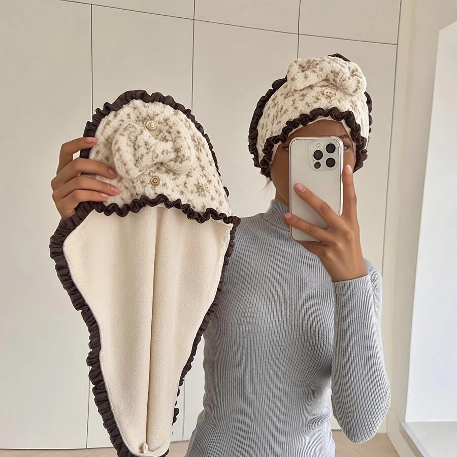 Topi Pengering Rambut Berbahan Bulu Karang Tebal dengan Hiasan Renda, Topi Mandi Penyerap Cepat Kering - MultiWarna - View 1