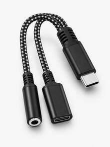 2-In-1 USB-C To 3.5mm Headphone Jack & 60W Fast Charging Adapter, Braided Audio Splitter Cable For USB-C Phones & Tablets, Black - Black - View 6
