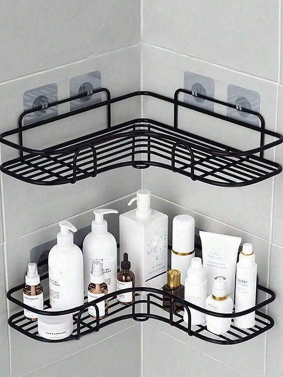 2pcs Bathroom Triangle Corner Shelf No Drilling Storage Rack, Bathroom Kitchen Storage Organizer, Practical Home Storage Tool, Home Decor - Black - View 1