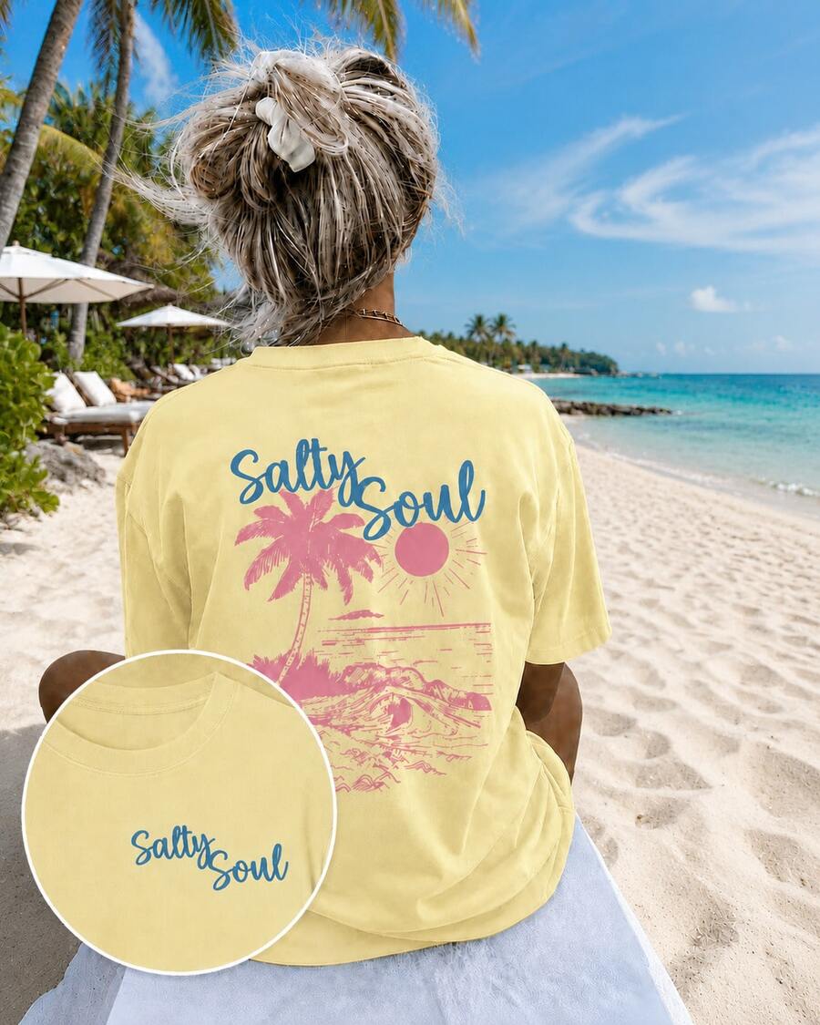 Women's Salty Soul Palm Tree Beach Graphic T-Shirt, Casual Oversized Short Sleeve Tee, Vacation Outfits Women, Back To School Clothes, Fall Casual Top - 黃色 1 - 查看 1