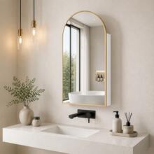 FUNFOLLOW Arched Wall Mounted Medicine Cabinet, Bathroom Mirror With Storage, Left/Right Reversible Door, Adjustable Shelf, Surface Mount  Mirror  Cabinet, 15.7"X31.5" /15.7"*29.5" - Gold - View 12