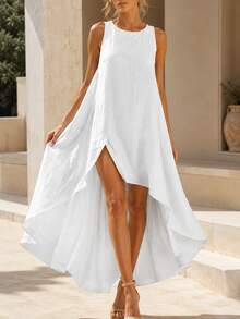 Women's Asymmetrical Dress, Sleeveless High Low Hem Beach Dress, Breathable Summer Midi Dress For Vacation Outfits Women And Resort Wear - 白色-開叉 - 查看 2