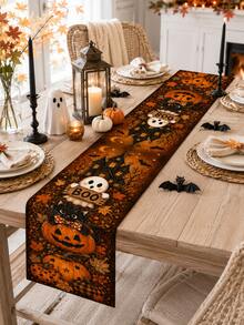1pc-Halloween Table Runner, Haunted House Ghost Black Cat Pumpkin Linen Look Runner, Fall Leaves Table Decor For Dining Room Kitchen Halloween Decorations - Multicolor - View 5