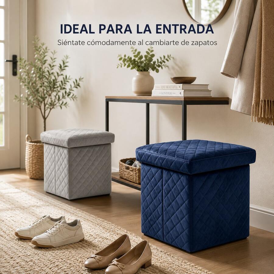 Puf baúl plegable 3 en 1 de terciopelo acolchado, taburete cuadrado almacenable 38*38*35 cm, asiento auxiliar con gran capacidad interior, disponible en 4 tonos elegantes - Azul Marino - Ver 1