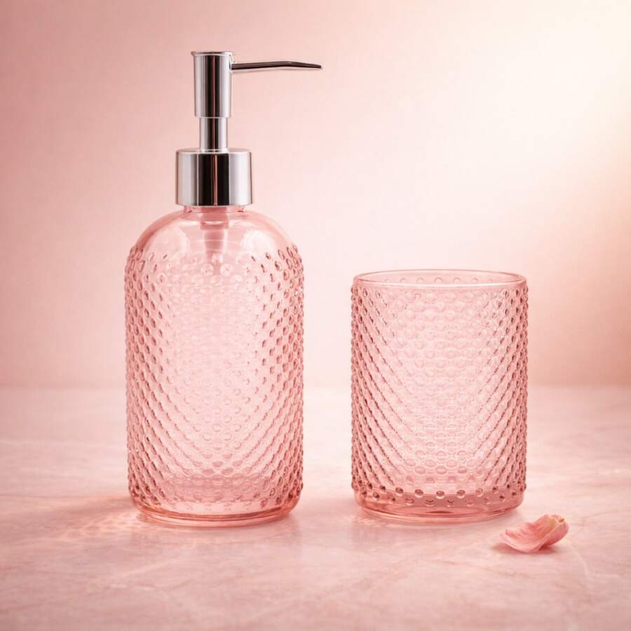 Kit Banheiro Dispenser Sabonete + Copo Vidro Decoração Lavabo Rosa - Rosa Estelar - Visão 1