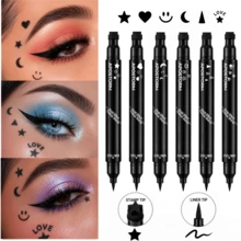 6-Pattern Dual-End Eyeliner Stamp Pen, Streamlined Cylindrical Body, Designed For Creative Eye Makeup. Dual-End Design Precisely Combines Black Eyeliner With 6 Different Fun Stamp Shapes, Completely Solving The Pain Point Of Hand Tremor When Drawing Complex Patterns. Black Material With Rich And Full Color, Quick-Drying Film, Resistant To Sweat And Tears Smudging. - Black - View 2