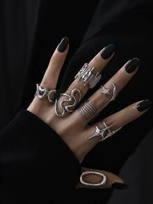 3 piezas Anillos apilables ajustables asimétricos con diseño hueco de estrella, luna y ráfaga, estilo Y2K de Halloween, estilo de fantasía y magia para fiestas y celebraciones - color acero - Ver 1
