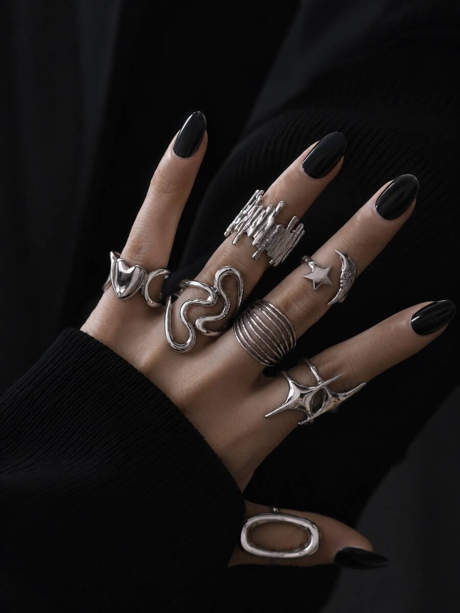 3 piezas Anillos apilables ajustables asimétricos con diseño hueco de estrella, luna y ráfaga, estilo Y2K de Halloween, estilo de fantasía y magia para fiestas y celebraciones - color acero - Ver 1