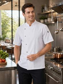 1 buah Jaket Koki Pria Lengan Pendek Warna Polos dengan Kerah Tegak, Seragam Koki Putih Unisex Cocok untuk Dapur, Pembuatan Kue, Restoran, dan Hotel - Putih - View 6