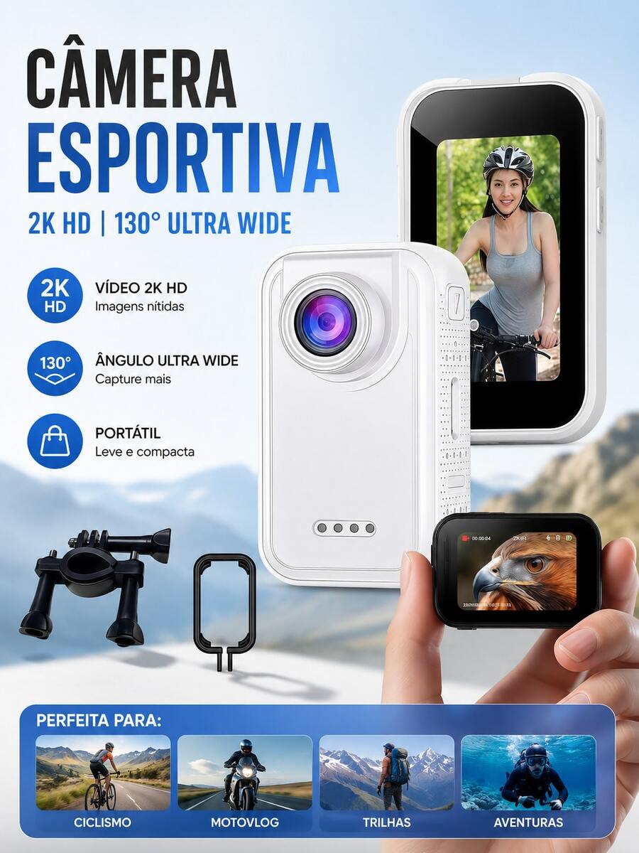 Câmera Esportiva 2K HD, Ângulo Ultra Amplo de 130°, Gravador Portátil com Suporte para Peito, Ideal para Gravação de Vlogs, Ciclismo e Aventuras ao Ar Livre