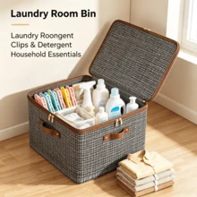 Abric Storage Box With Lid, Foldable Clothes Storage Organizer Bin With Leather Handle & Zipper, Large Capacity Closet Storage Container For Bedding Garments - Brown - View 10