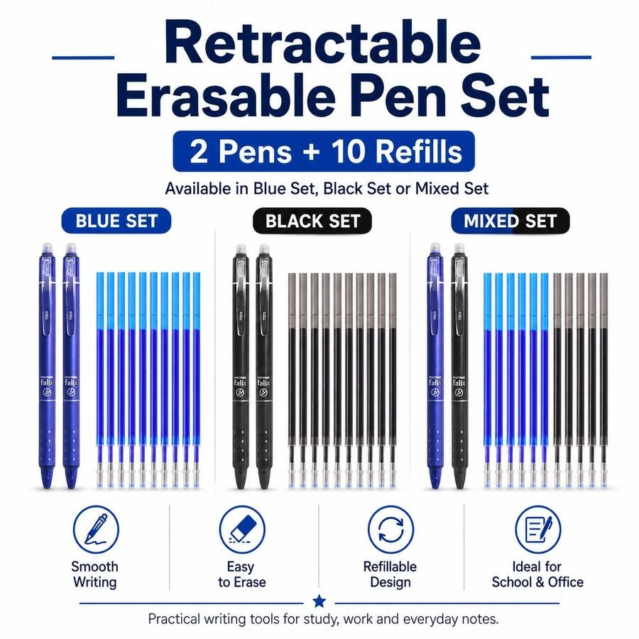 Retractable Erasable Gel Pen Set, 2 Refillable 0.5 Mm Pens With 10 Replacement Ink Refills, Smooth Writing And Clean Erasing Pens For Students, School, Office, Homework, Note Taking, Journaling And Daily Use, [Blue/Black/Mixed Ink] - Multicolor - View 1