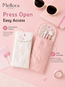 Mellora INS Embossed Bow Snap Button Storage Bag, 2 Colors Available, Cream White/Blush Pink, Lightweight Quilted Fabric Flap Stationery Pouch, Single Slim Portable Storage Box, Suitable For Home Office Daily Writing Tool Organization - Multiple Styles - View 6