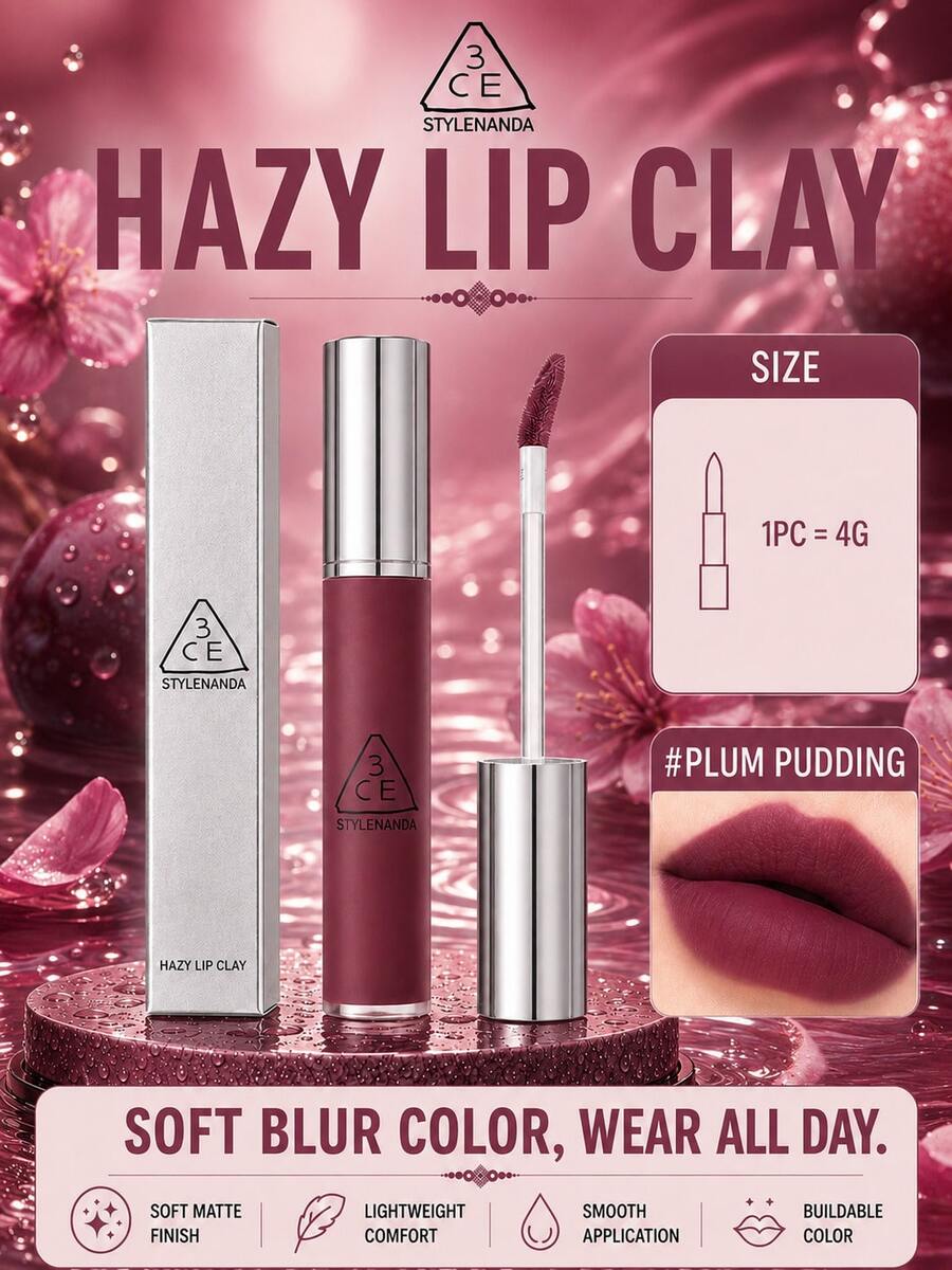 3CE HAZY LIP CLAY#PLUM PUDDING 4g，絲滑不拔乾，顯色可疊加，黃皮白皮都適配
