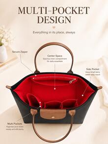 XD Multi-Functional Handbag Organizer Insert - Zippered Lining Multi-Compartment Storage Bag - Large Capacity Multi-Pocket Bag-In-Bag Organizer - Multi-Size Compatible With Various Bags Travel Back-To-School Organizer Bag Scratch-Resistant Protection For Valuable Items Storage Bag - Red - View 9