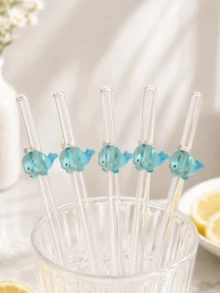 2pcs/5pcs Reusable Clear Glass Straws With Transparent Light Blue Whale Accents, Cute Ocean Themed Marine Animal Decor Drinking Straws For Boba Milk Tea, Juice,Iced Coffee&Cold Drinks, Ideal For Beach Parties, Outdoor Picnics, Perfect Gift For Girls. - Style G - View 4