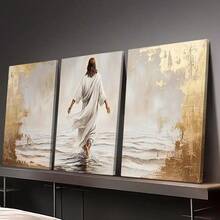 3-Piece Jesus Walking On Canvas Wall Art With Frame, Christian Faith Inspiration In Soft Tones With Gold Accents, Waterproof And Durable, Suitable Bedroom, Living Room, Or Dormitory Decoration Home Decor Bedroom - 彩色 - 查看 11