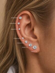 AnlaScheer 1pc 0.1ct Moissanite Rhinestone 925 Sterling Silver 4-Prong Flat Back Spiral Thread Cartilage Piercing Stud, Women's Engagement Wedding Bridal Jewelry - Silver - View 3