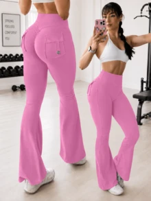 VOYJOY Flare Leggings With Pockets For Women Brittany Leggings Workout Leggings For Women Butt Lifting Gym Yoga Leggings Summer Leggings For Women - 海棠粉 - 查看 1