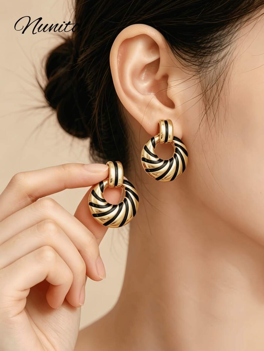 1 Pair Elegant Black & Gold Round Earrings, 5 Pairs Minimalist Luxury Casual Earrings, Geometric Design, Versatile Elegant Women's Earrings - Multicolor - View 1